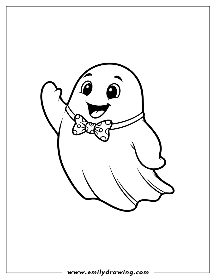 PDF style coloring page: simple Demi, a happy ghost wearing a bow tie, waving
