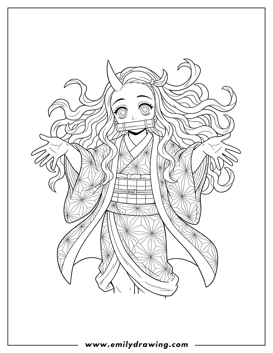 PDF style coloring page: demon Nezuko With Horn, with a bamboo muzzle, flowing hair, and outstretched arms