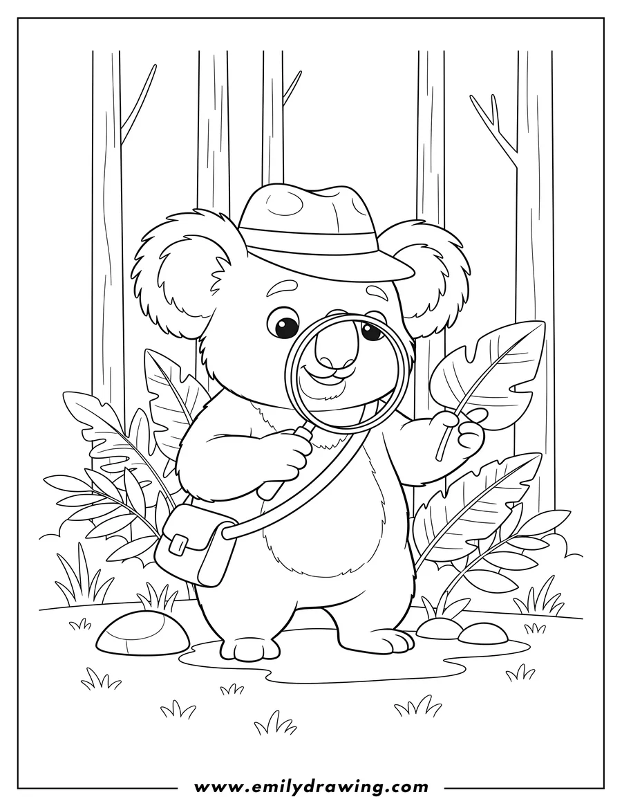 Downloadable coloring page of detective Koala wearing a hat and satchel, looking at a leaf with a magnifying glass in a forest