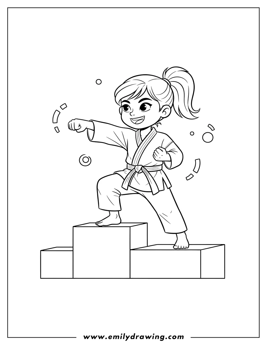Vector style outline of determined, smiling karate girl in a punching pose, standing on blocks