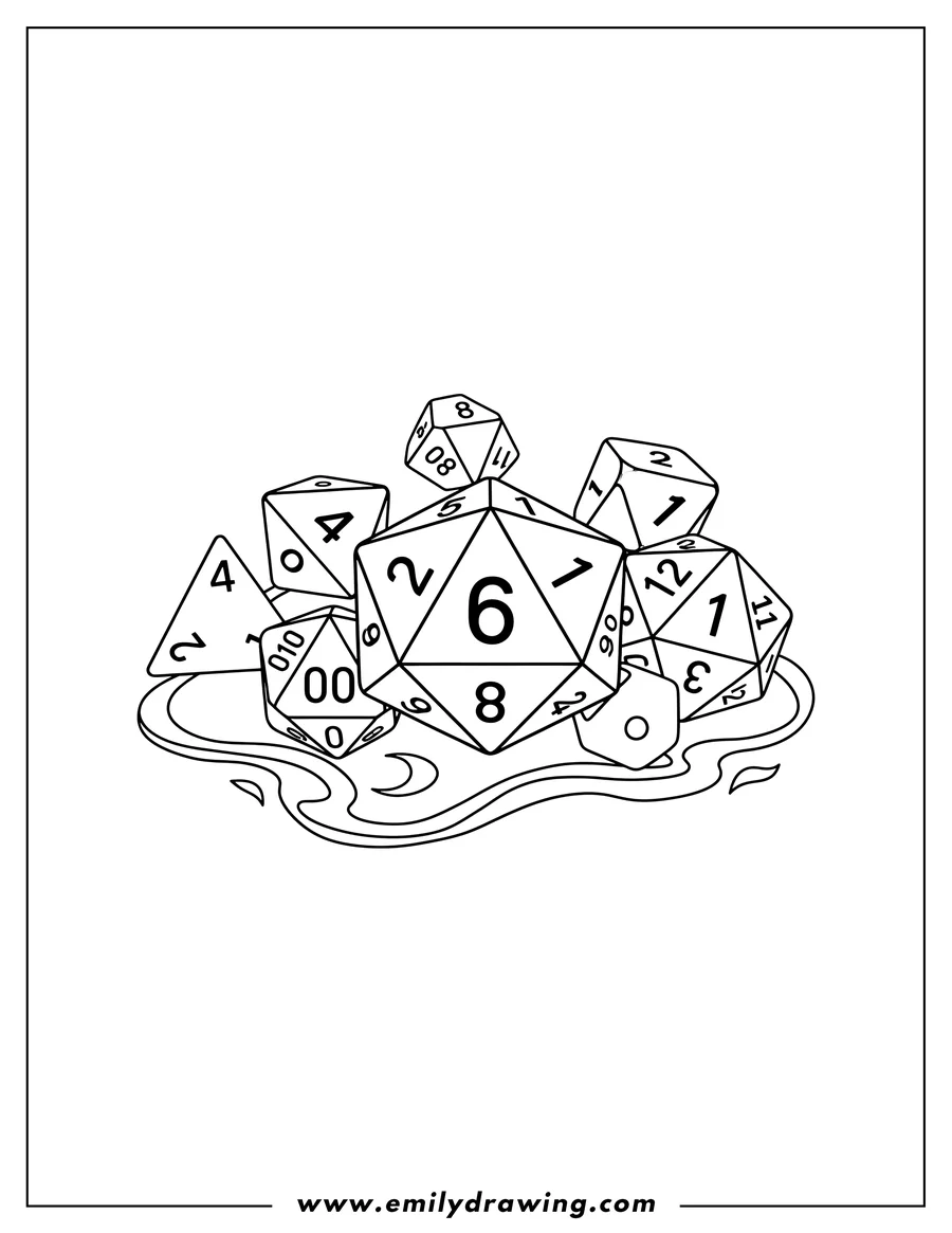 Coloring sheet featuring simple Dungeons And Dragons Dice Set with multiple polyhedral dice scattered