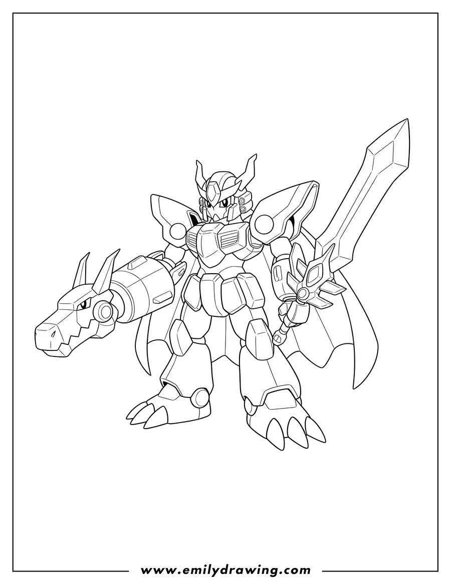 Linear illustration of simple Digimon Omnimon standing with sword and cannon arms