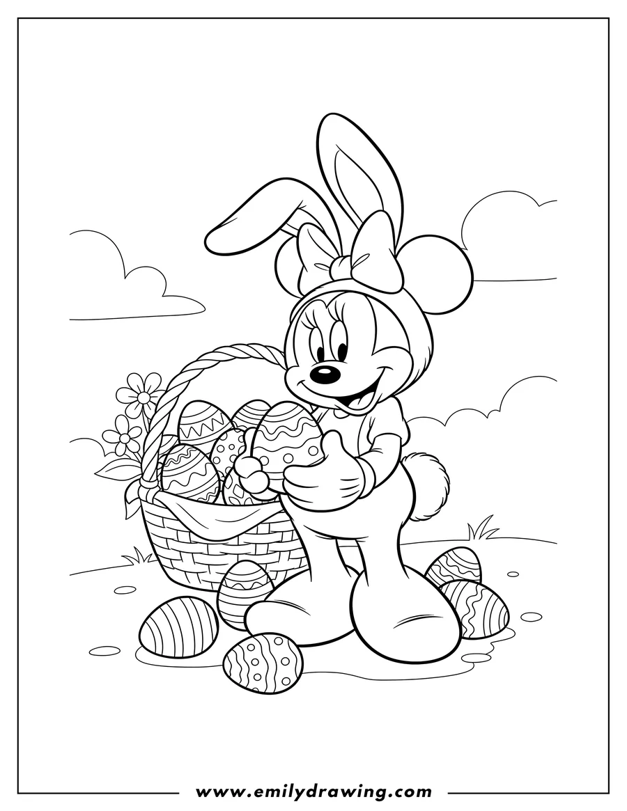 Coloring sheet featuring disney Easter Minnie Mouse in a bunny costume with Easter eggs