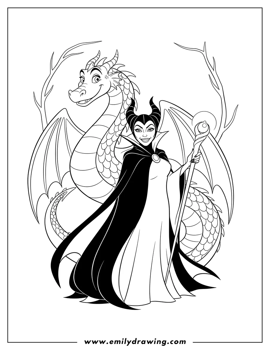 Printable line art of disney Maleficent Smiling, holding a staff, with a dragon behind her