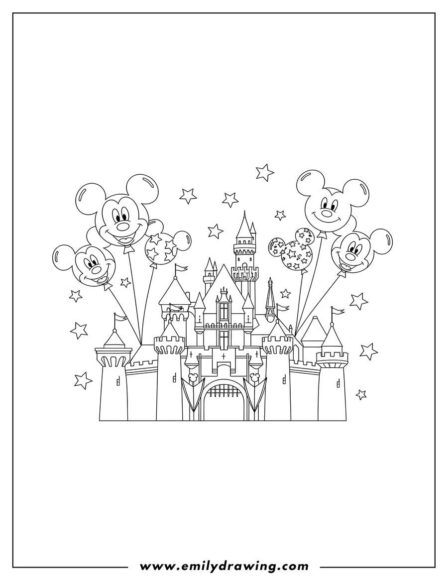 Coloring sheet featuring simple Disneyland Castle with Mickey Mouse balloons and stars
