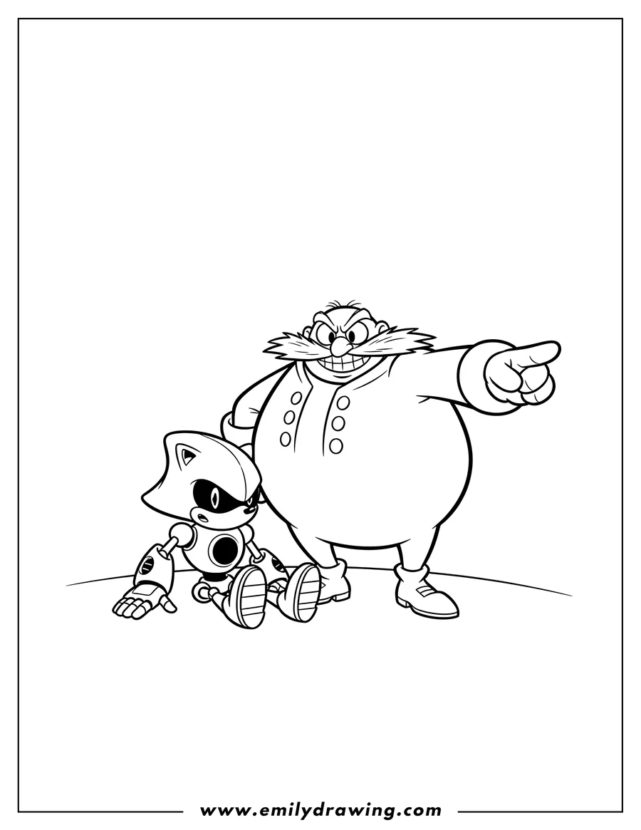 PDF style coloring page: simple Doctor Eggman standing and pointing with Metal Sonic sitting on the ground