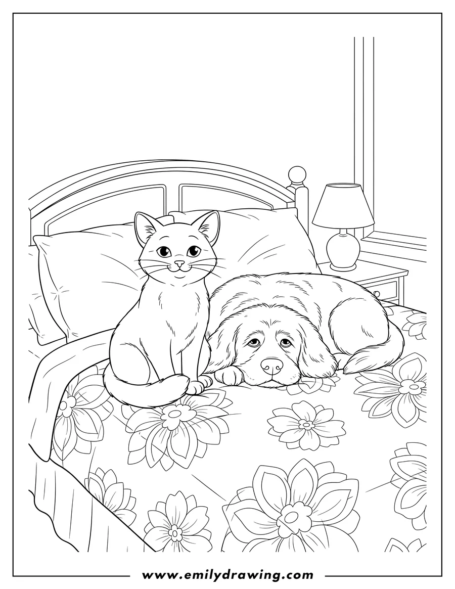 Free to print drawing of dog and Cat Resting On Bed, with cat sitting and dog lying down