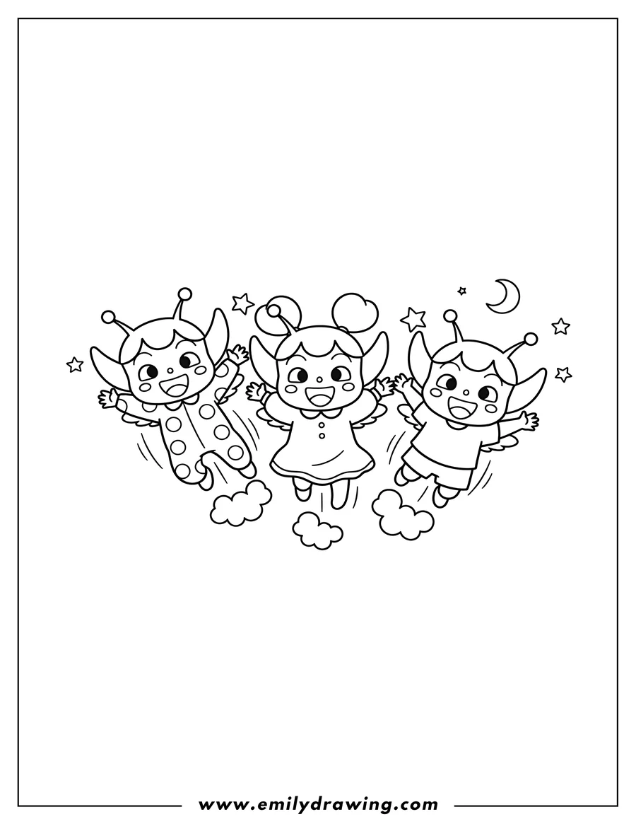 Printable coloring page of simple Dokinchan Preschoolers smiling widely and flying