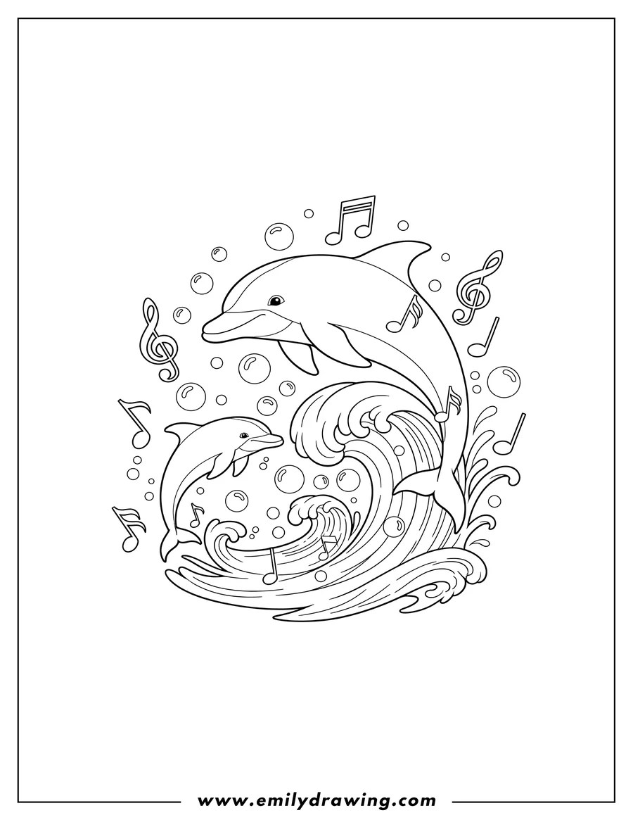 Black and white line art of lisa Frank dolphins swimming with music notes and bubbles, one jumping out of the water
