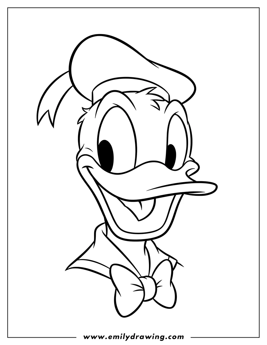 Coloring page of donald Duck Face Preschoolers, close-up, grinning