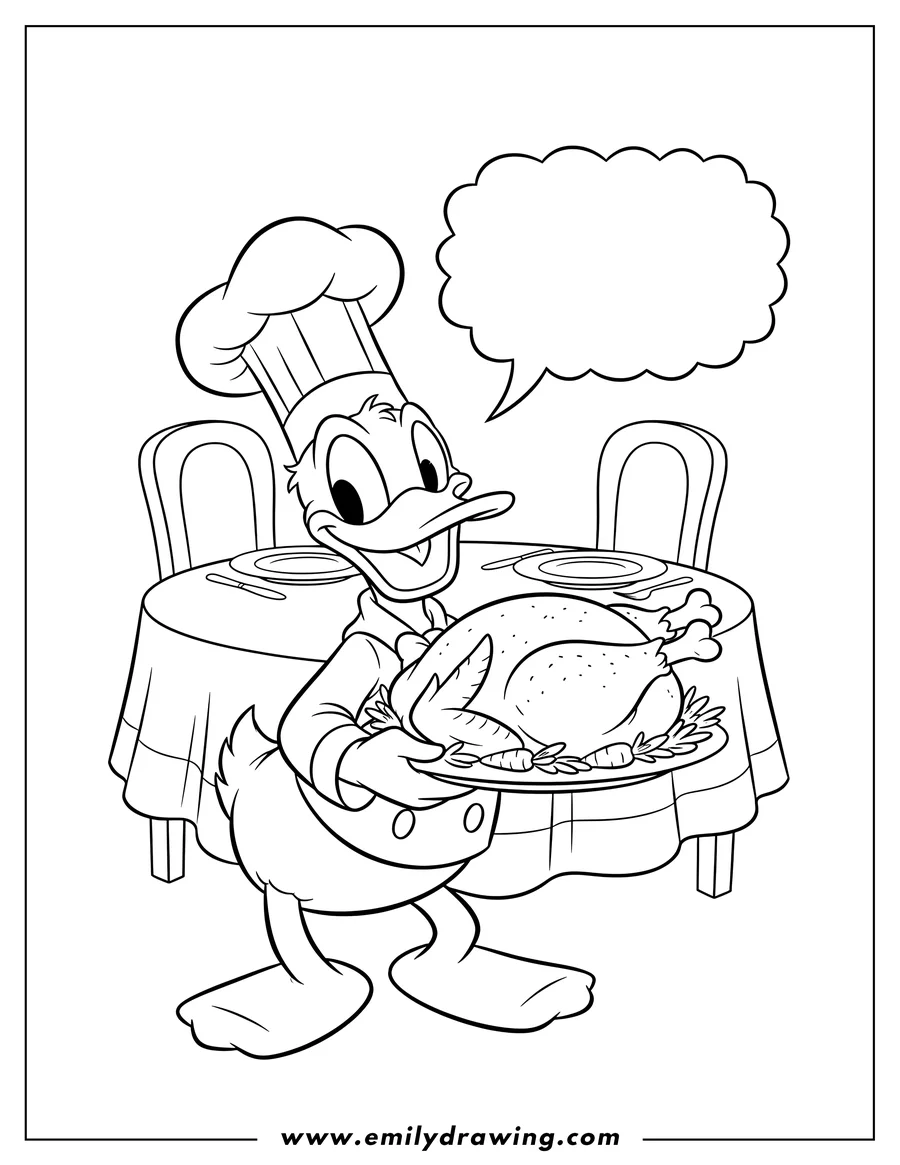 High quality printable donald Duck in a chef's hat serving Thanksgiving turkey with a Thankful For You speech bubble for coloring