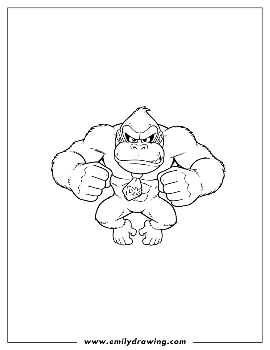 Vector style outline of donkey Kong Jumping Through Air, with a fierce expression, clenched fists, and wearing his DK tie
