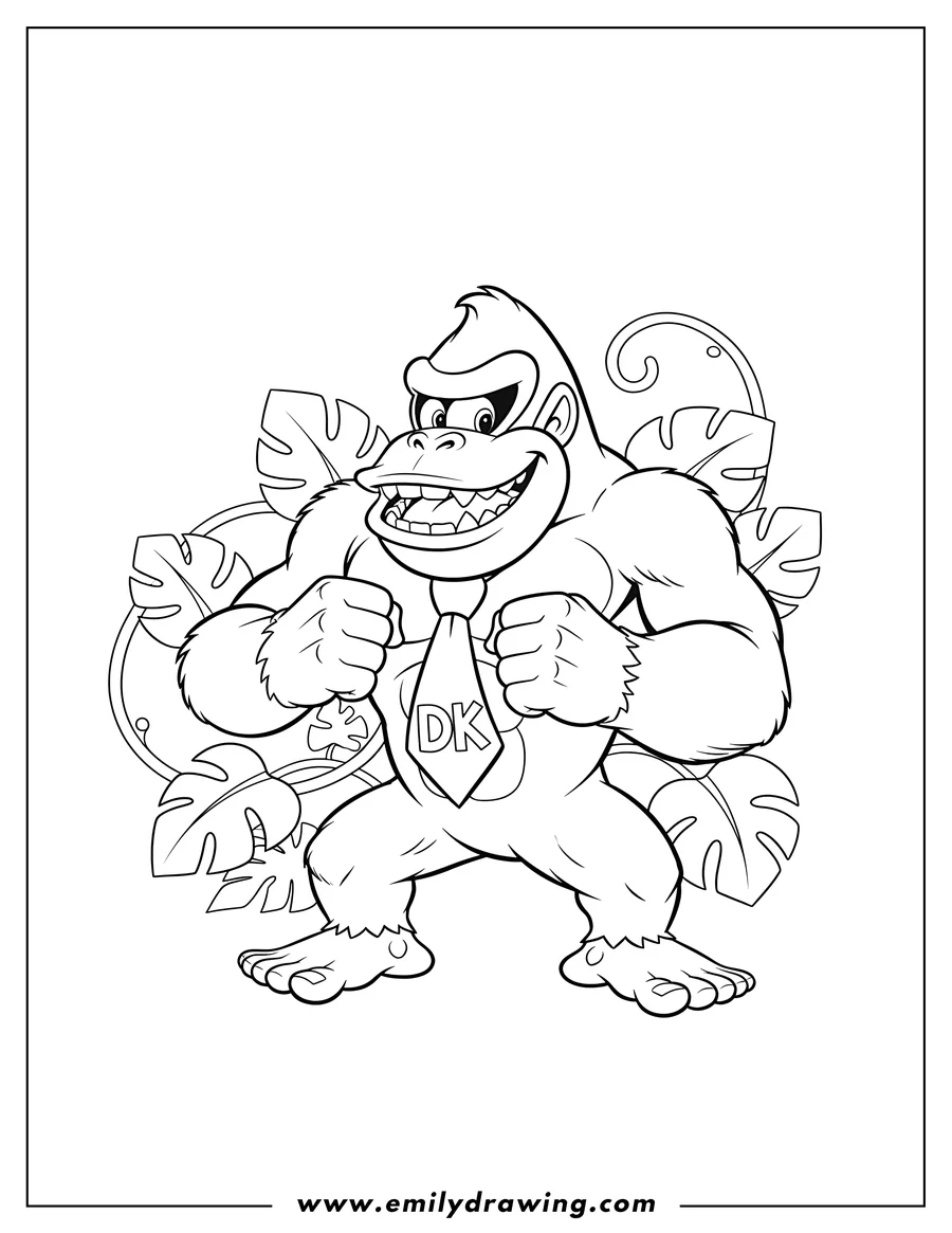 Simple sketch of donkey Kong in a powerful chest-thumping pose, with a wide, toothy grin and wearing his DK tie to color