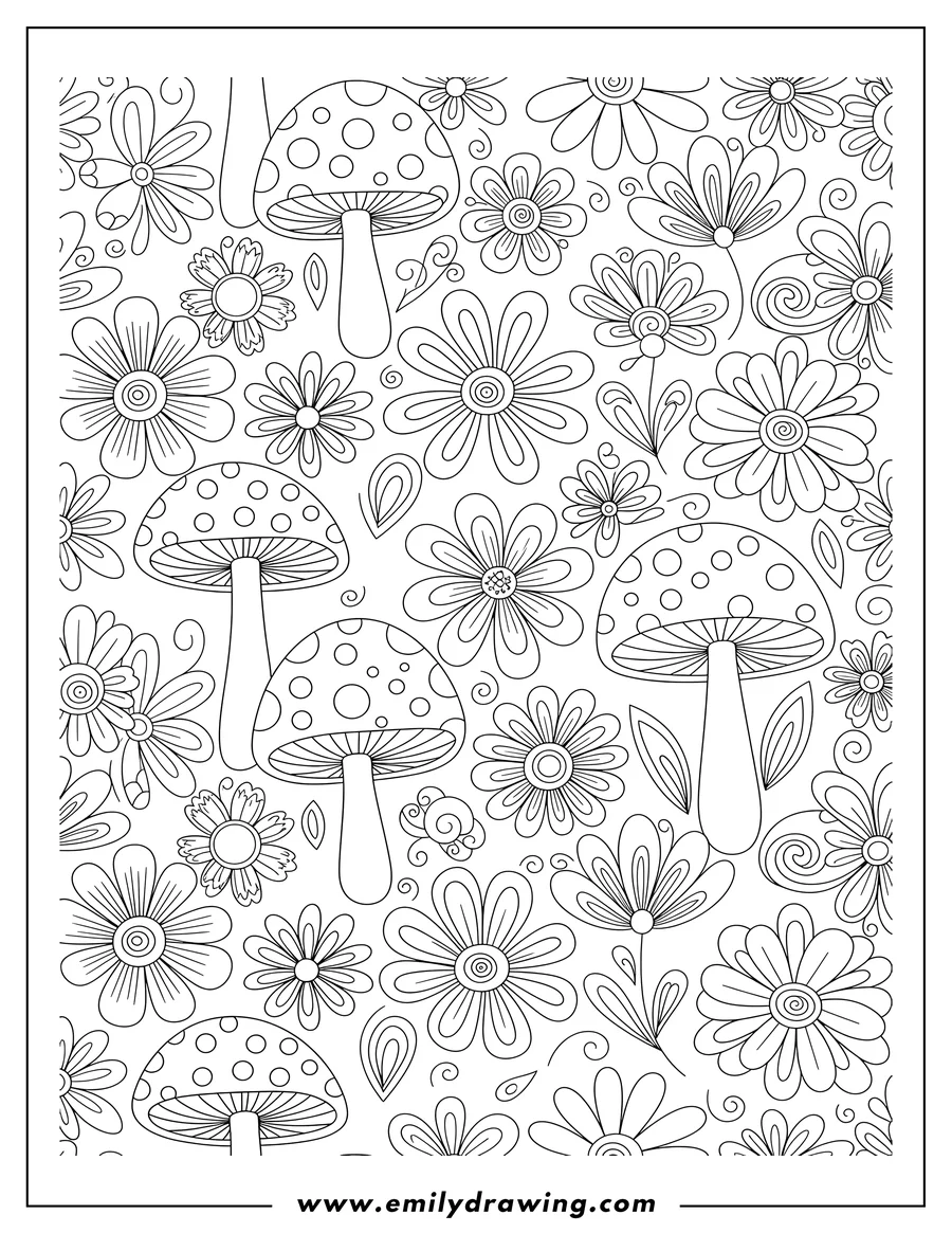 Coloring sheet featuring doodle Flowers and Polka Dot Mushrooms Pattern