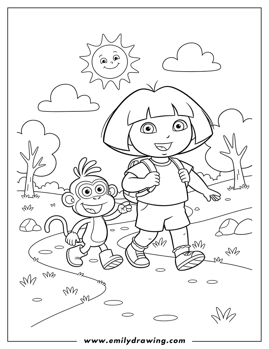 Black and white line art of dora And Boots smiling and walking on a path, Dora with a backpack