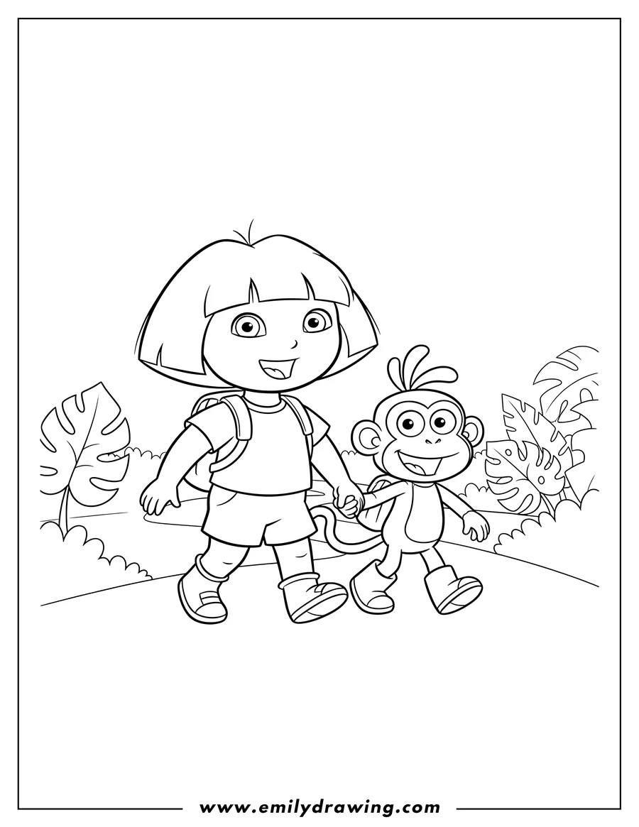 Clean line drawing: dora the Explorer and Boots walking, holding hands
