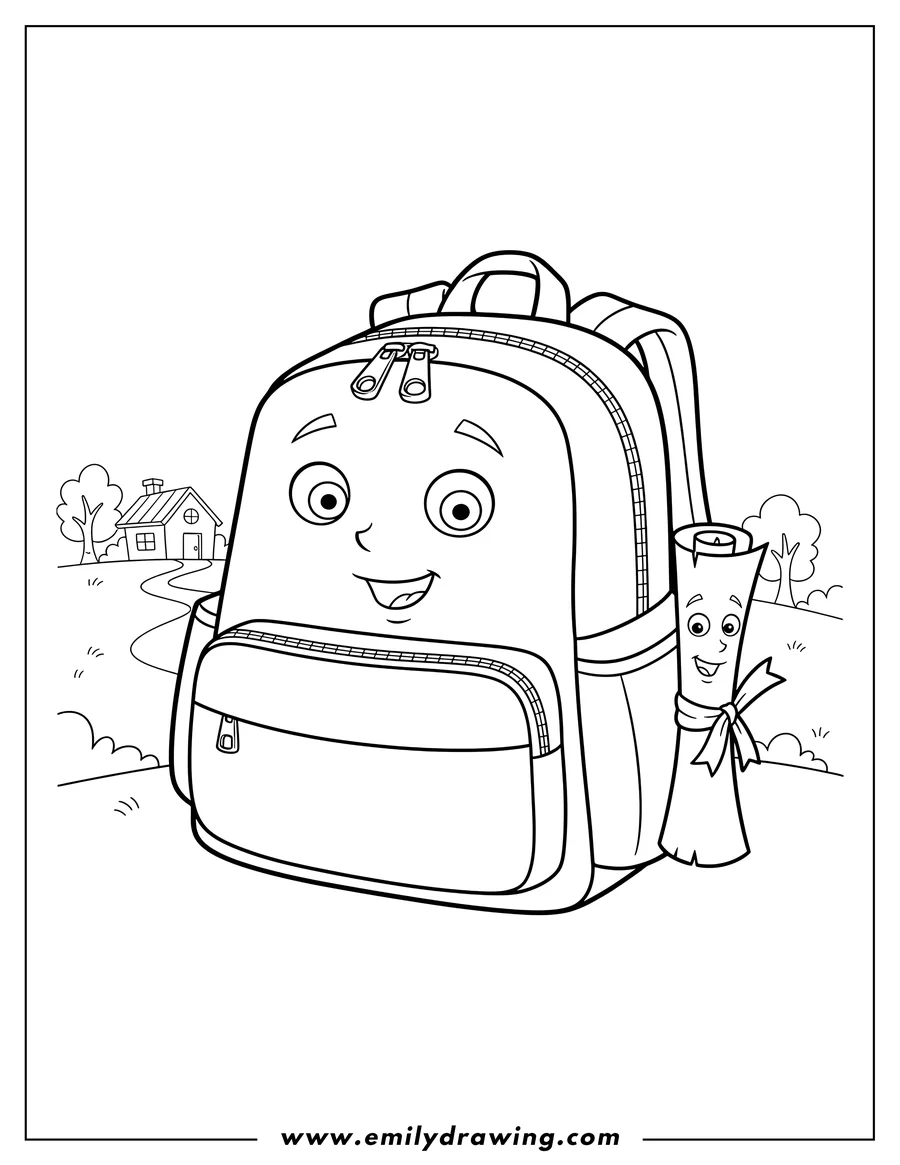 Free printable coloring sheet of simple Dora's smiling Backpack and rolled-up Map