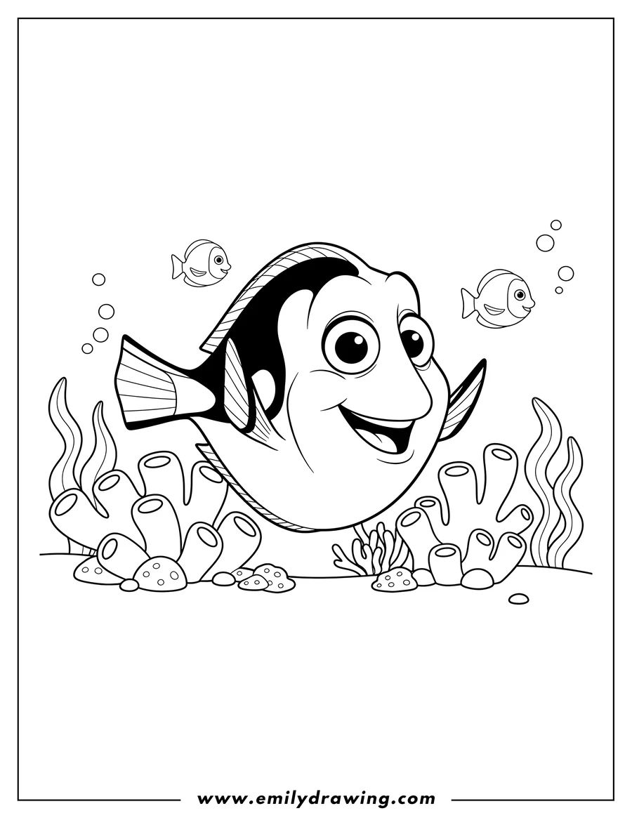 Free printable coloring sheet of simple Dory smiling with happy eyes, swimming in a coral reef