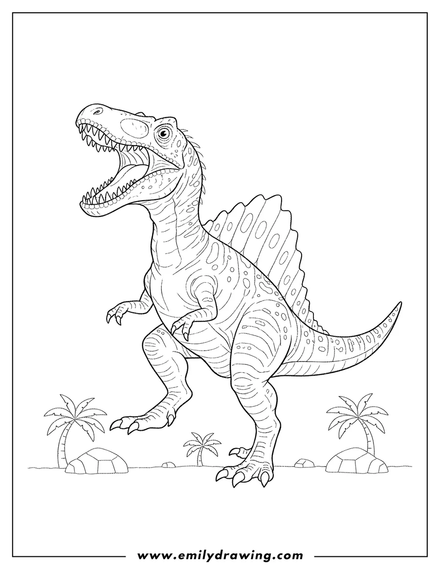 Vector style outline of dotted Spinosaurus with a sail, roaring with one leg raised