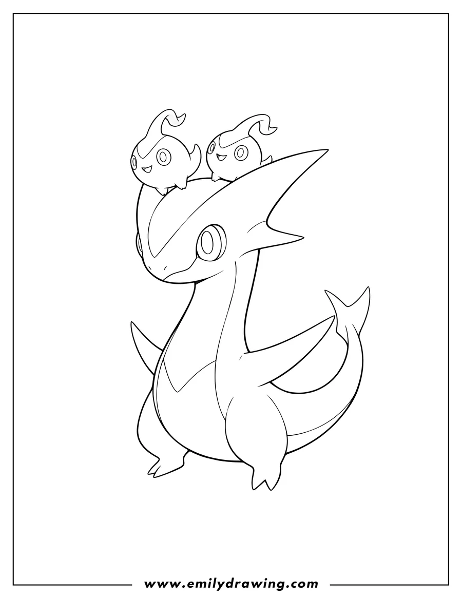Coloring page of dragapult Legendary Pokemon with two Dreepy on its head