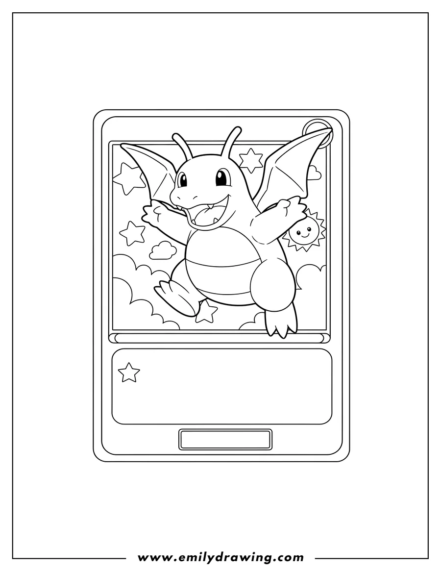 PDF style coloring page: dragonite flying happily on a Pokemon card