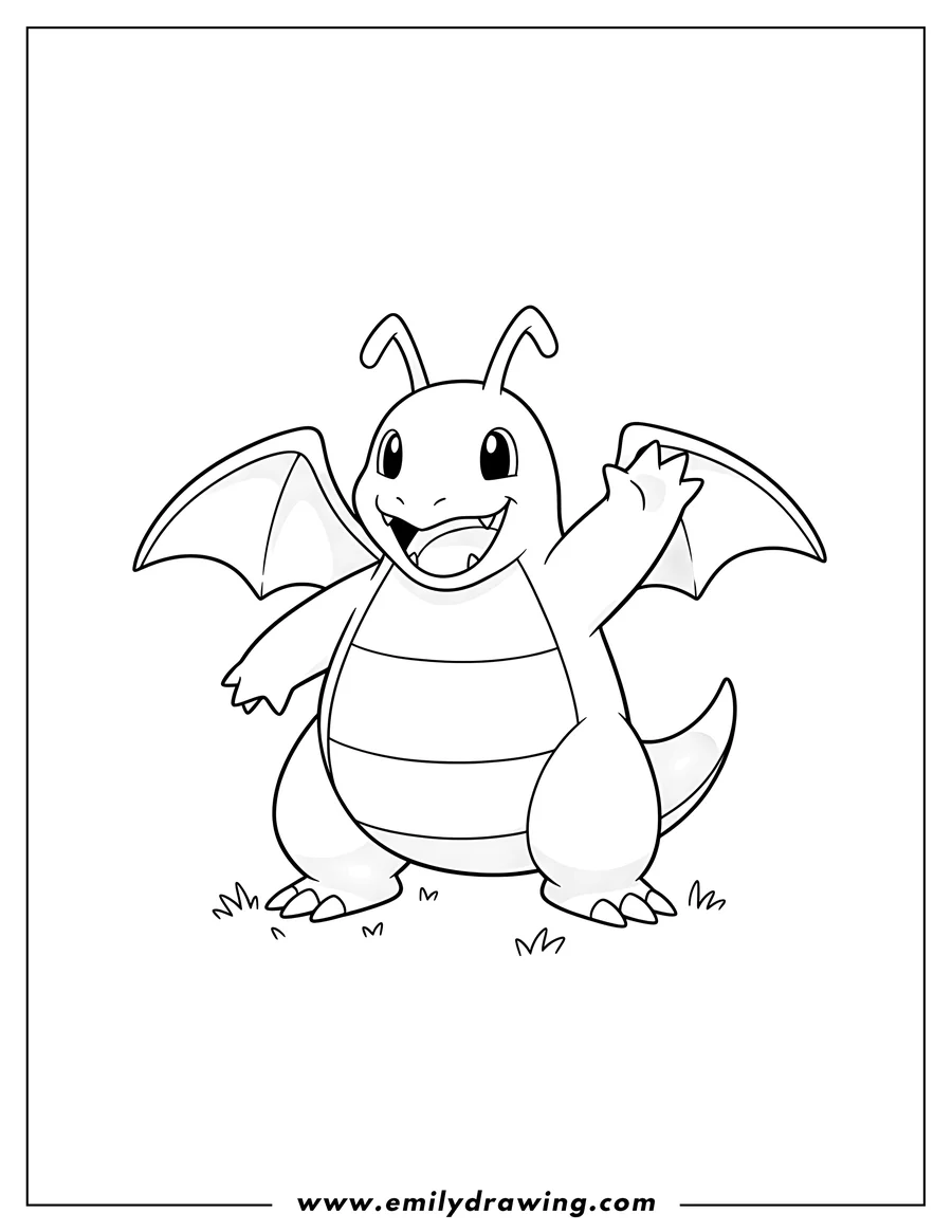 Free printable coloring sheet of simple Dragonite Outline Preschoolers, standing, smiling, and waving