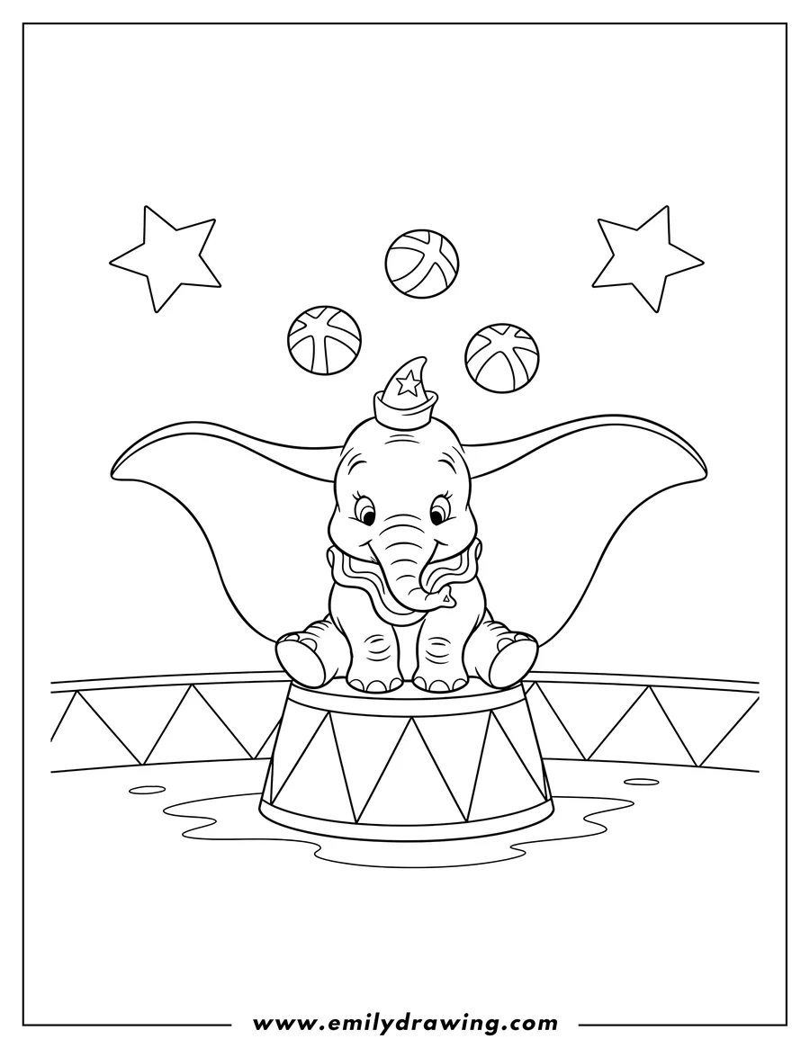 Downloadable coloring page of dumbo Showing Off Massive Ears, sitting on a circus drum, wearing a hat, and juggling balls