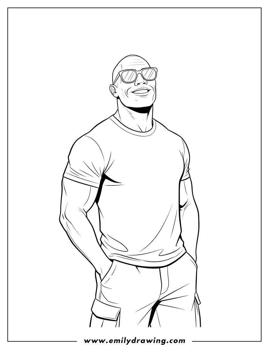 Linear illustration of simple Dwayn Rock Johnson wearing a shirt and sunglasses, looking up with one hand in his pocket