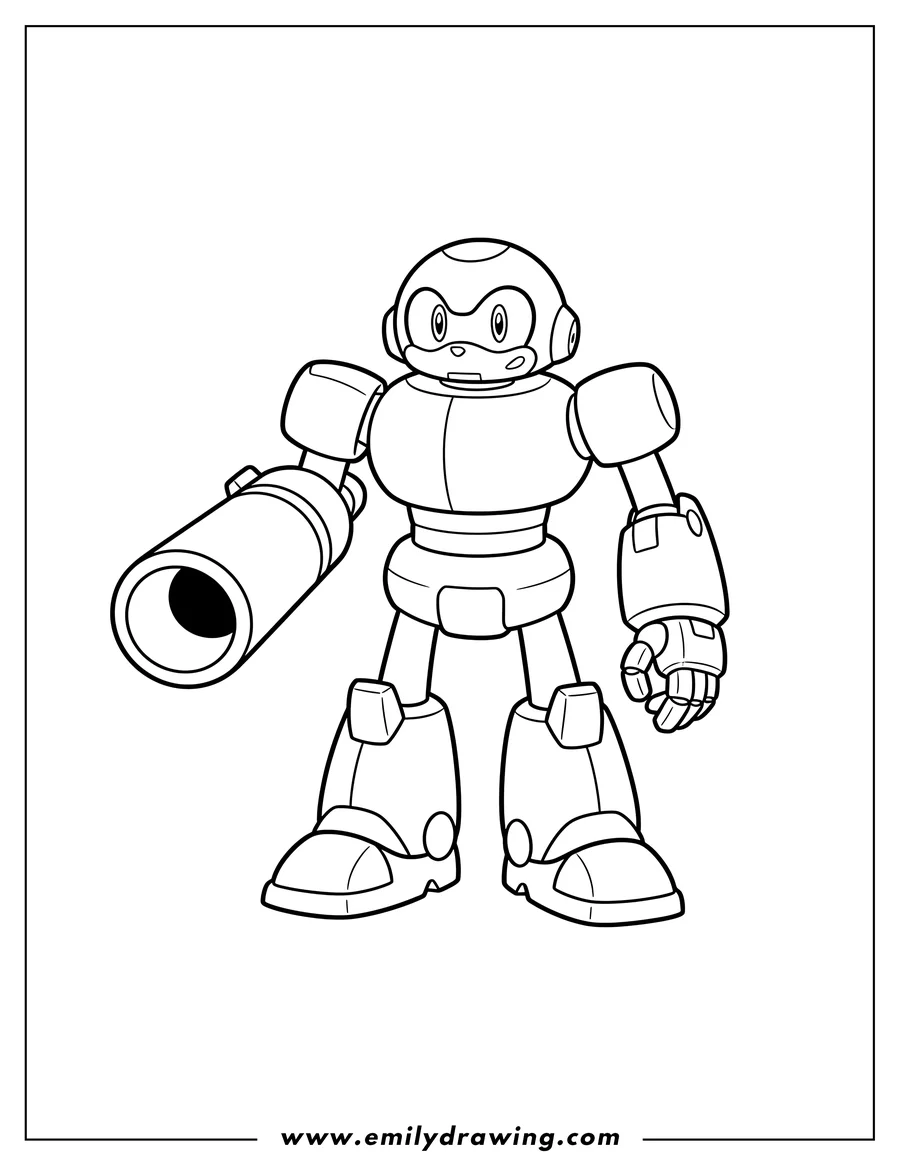 Vector style outline of easy Outline E 102 Gamma robot standing with an arm cannon