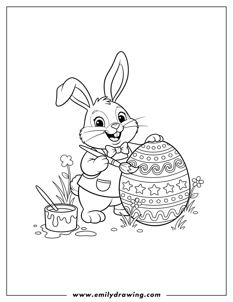 Clean line drawing: easter Bunny standing, happily painting a giant egg with a paintbrush and a paint pot nearby