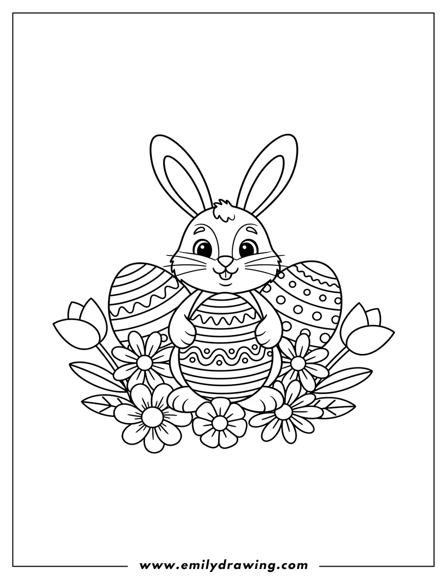 Coloring page for kids: simple Easter Eggs with a bunny, flowers, and patterns