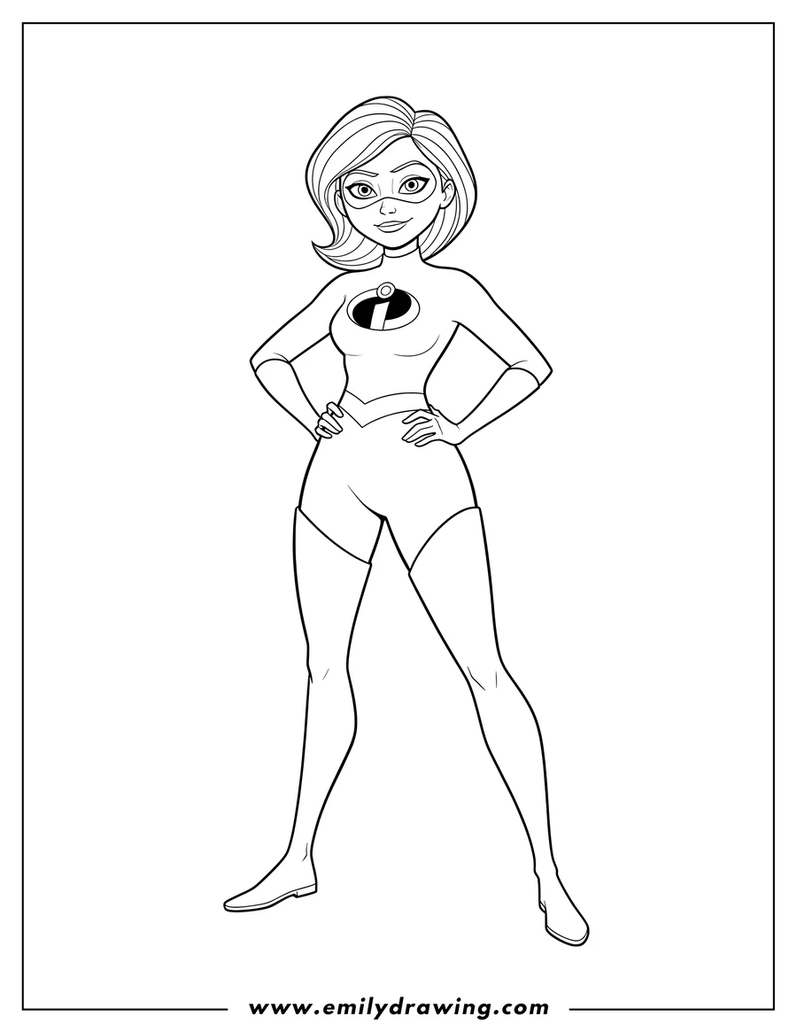 Black and white line art of elastigirl Standing With Hands On Waist, in her superhero uniform and mask
