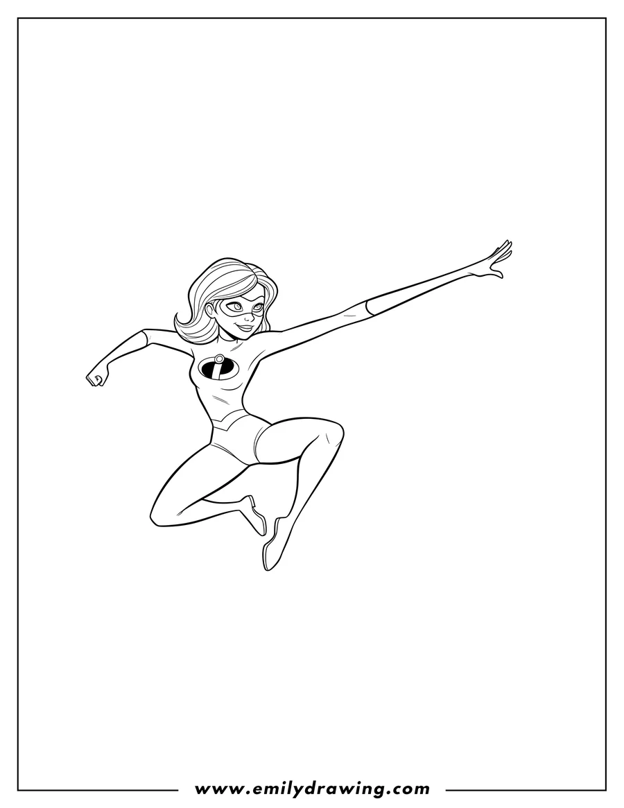 Coloring sheet featuring elastigirl stretching her arm and leaping