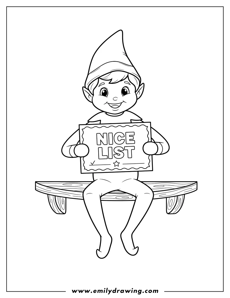 High quality printable elf On Shelf sitting and holding a Nice List Certificate for coloring