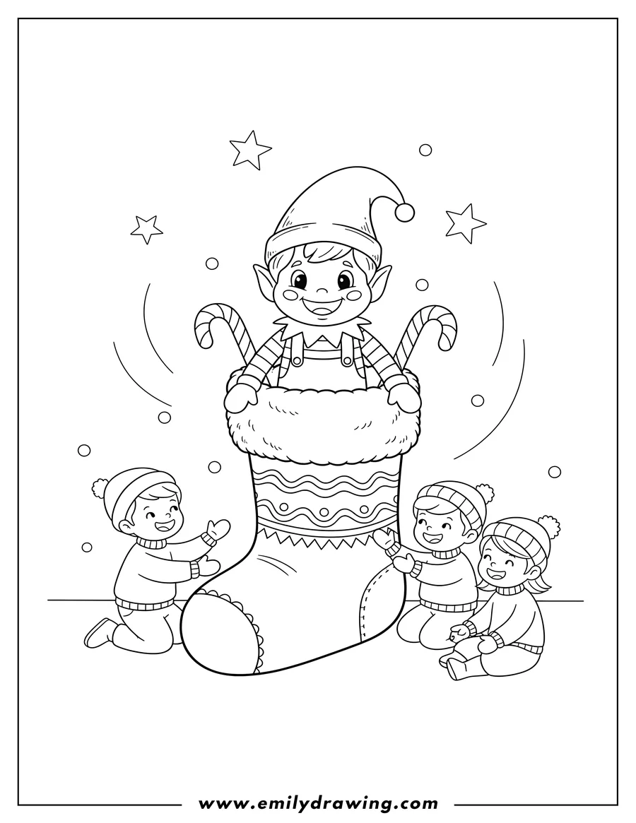 Free printable coloring sheet of smiling Elf On Shelf Sitting Curly Christmas Stocking With Candy Canes Preschoolers