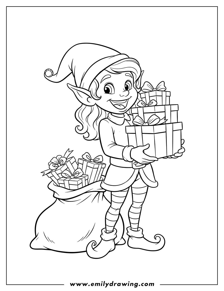 Free printable coloring sheet of elf smiling and holding gifts
