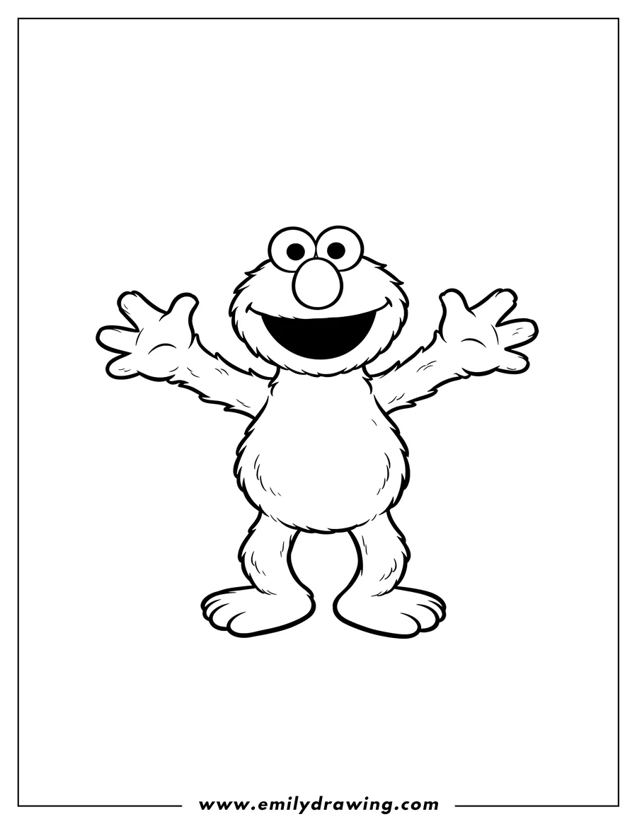 Coloring sheet featuring simple Elmo smiling with arms open wide