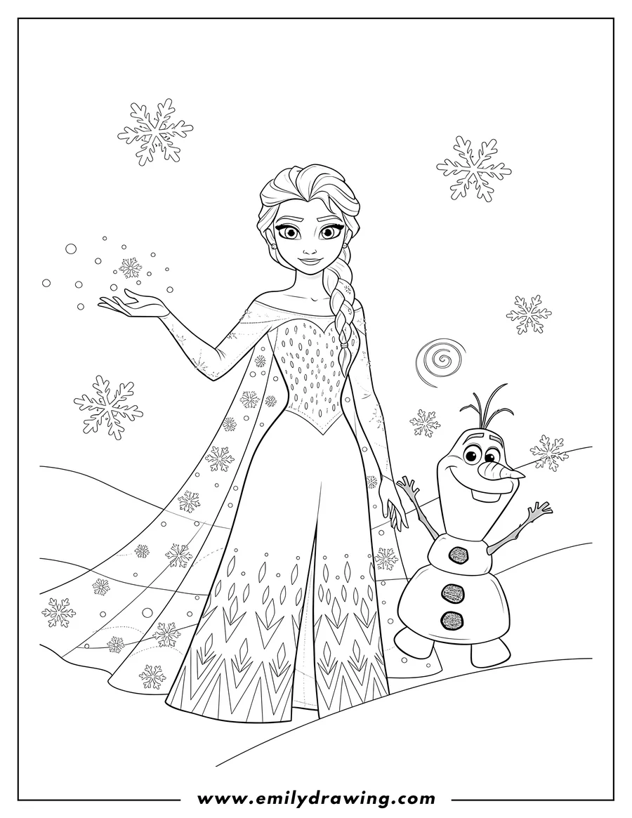 Printable coloring page of elsa And Olaf Snow Scaled, with Elsa holding out her hand and Olaf smiling