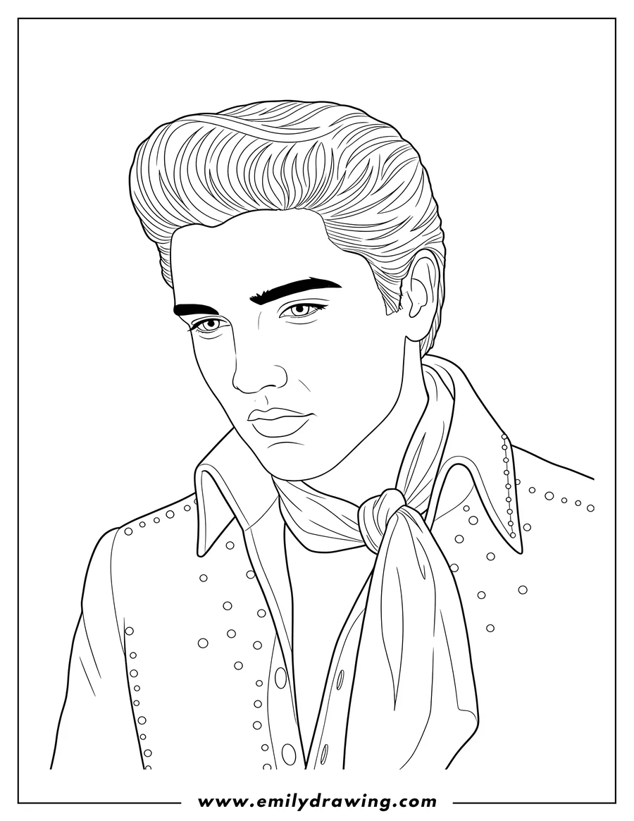Simple sketch of simple Elvis Presley Portrait, looking down and to the side to color