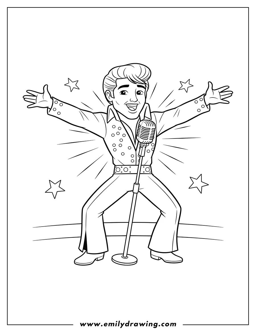 Coloring page of elvis Presley dancing at a microphone with arms spread wide