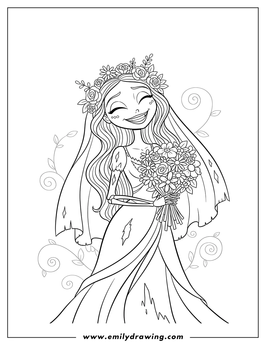 Free to print drawing of simple Emily Corpse Bride smiling with flowers in her long wavy hair