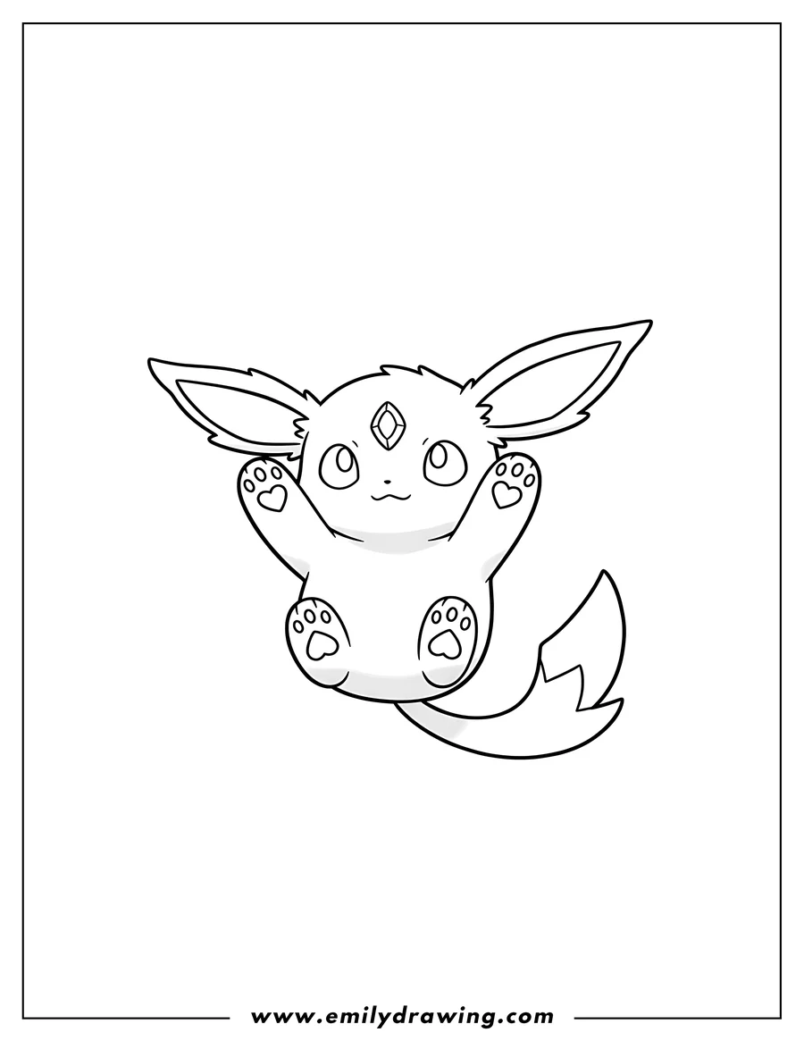 High quality printable simple Espeon Outline Preschoolers, lying on its back with paws up and heart-shaped paw pads for coloring