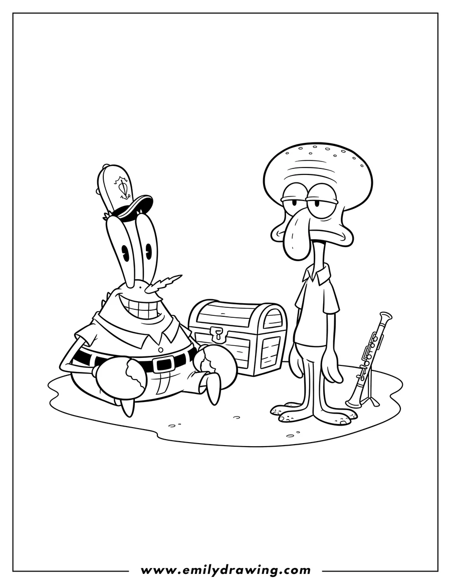 PDF style coloring page: simple Eugene Harold Krabs sitting and smiling, with Squidward standing