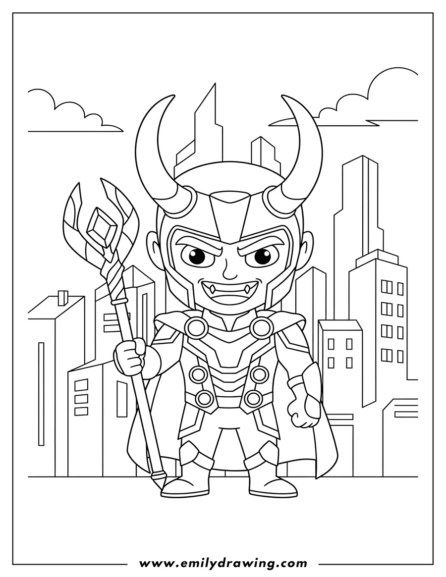 Printable line art of evil Loki City, holding a scepter