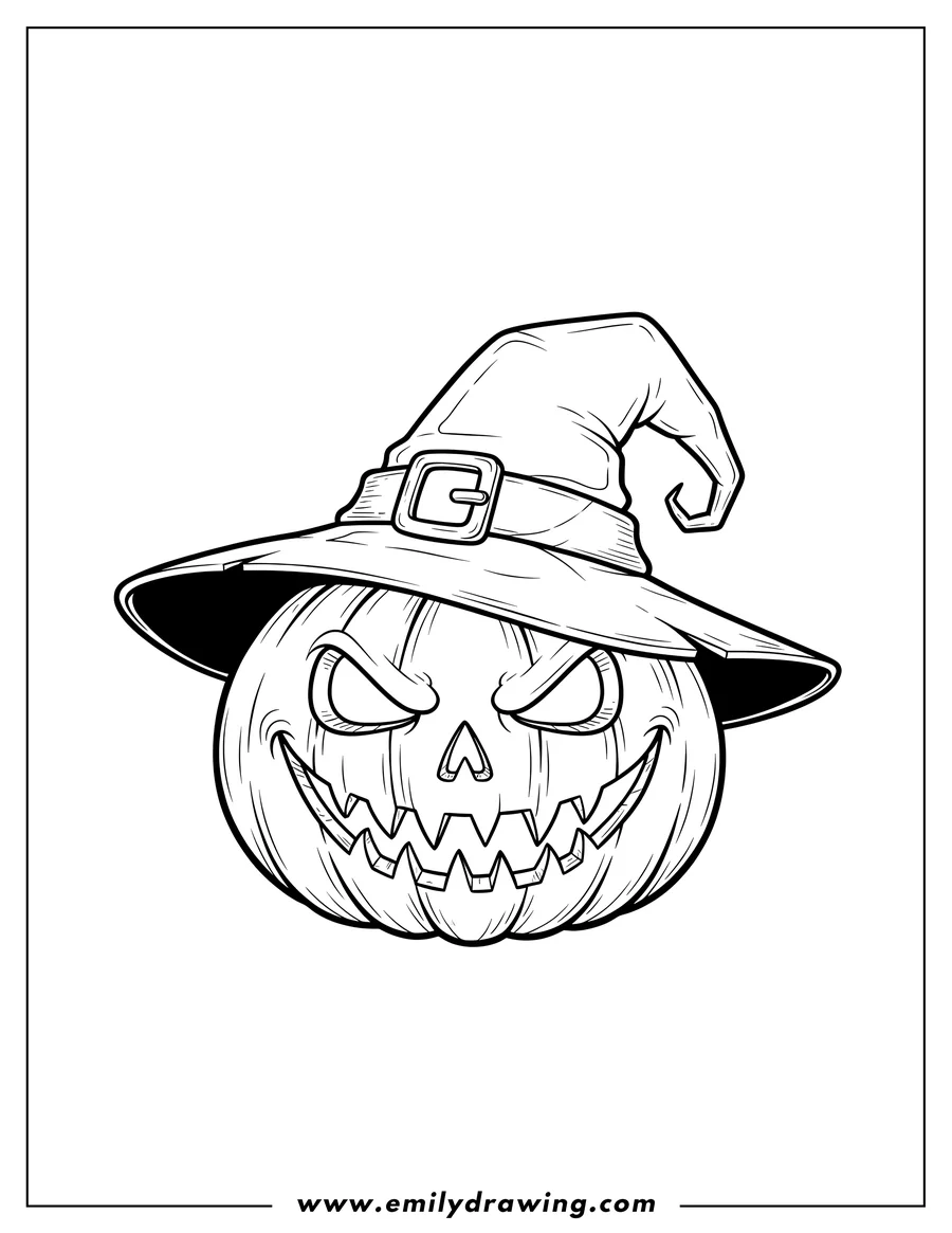 Simple sketch of evil Looking Jack O Lantern wearing a witch's hat to color