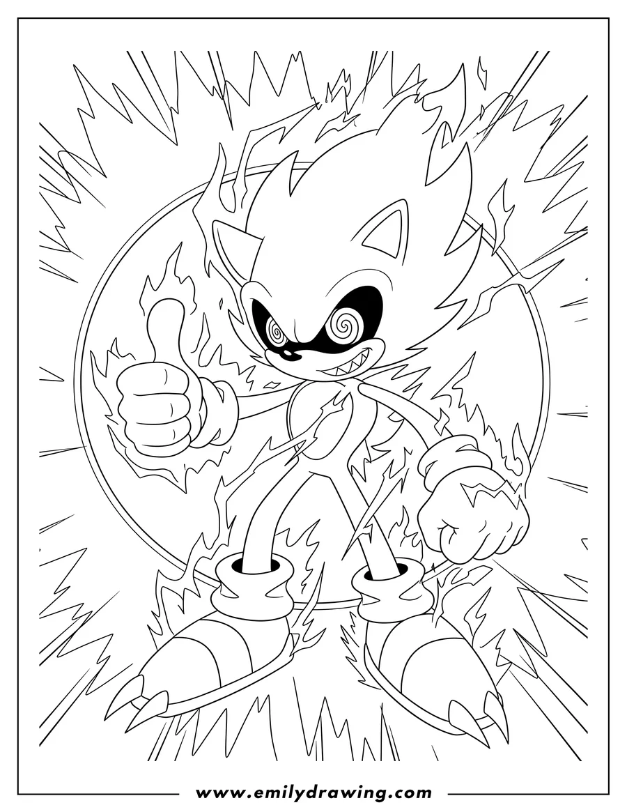Printable coloring page of evil Sonic Exe Power Up with swirly eyes and a thumbs up