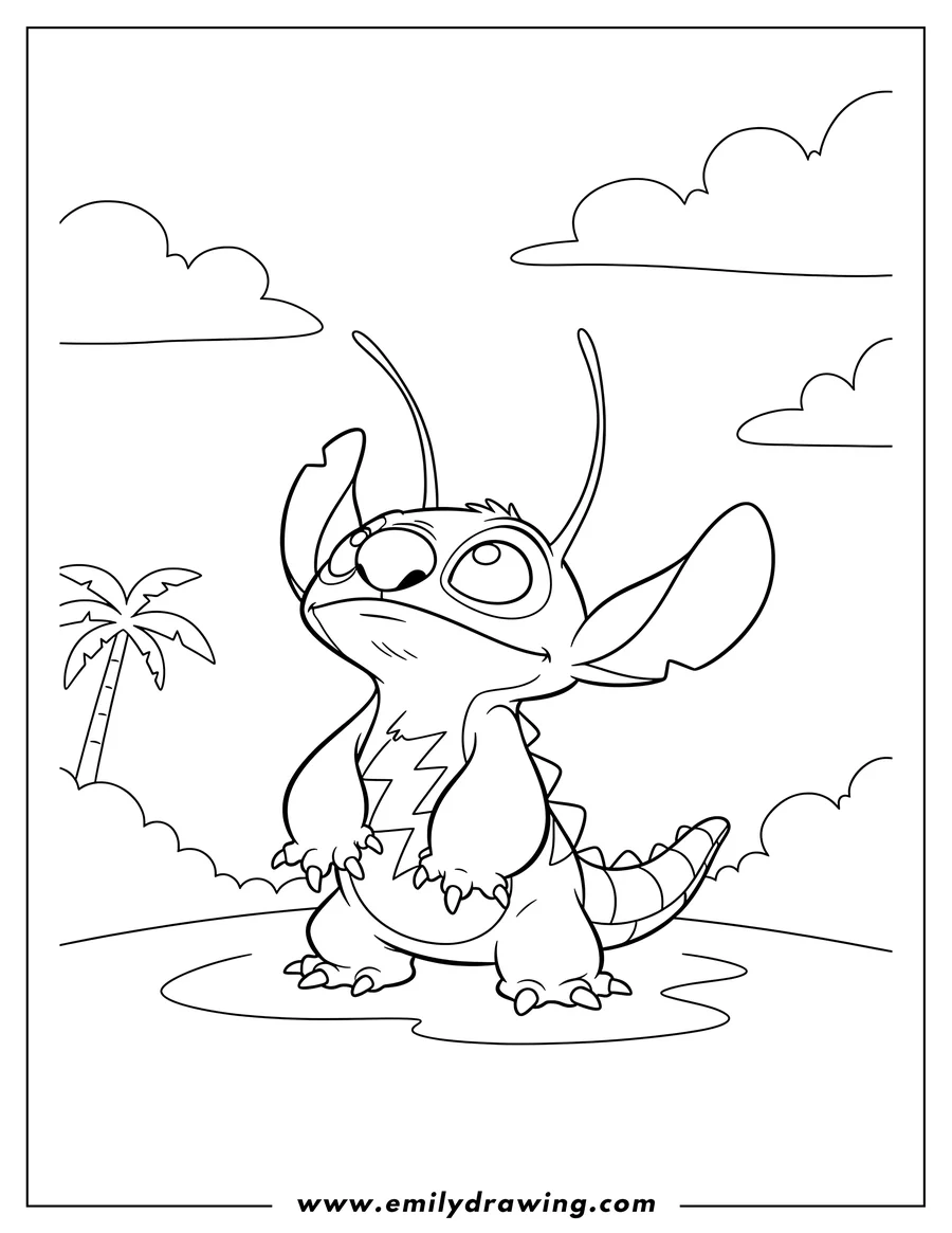 Free printable coloring sheet of lilo And Stitch Experiment 221 Sparky standing, looking up, with antennae extended