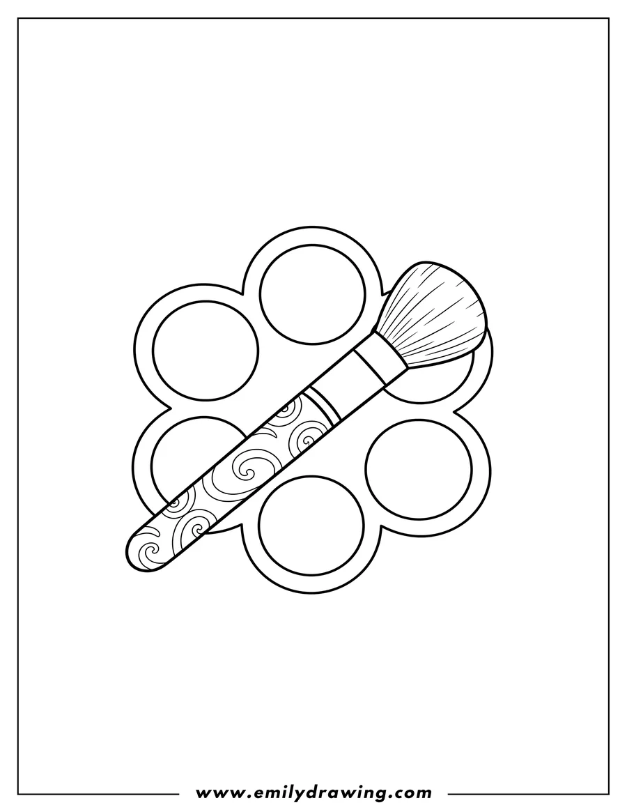 Printable line art of eyeshadow Palette And Brush, open, with the brush resting on the palette