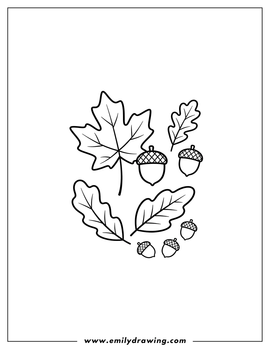 Simple sketch of simple To Color Fall Leaves and Acorns to color