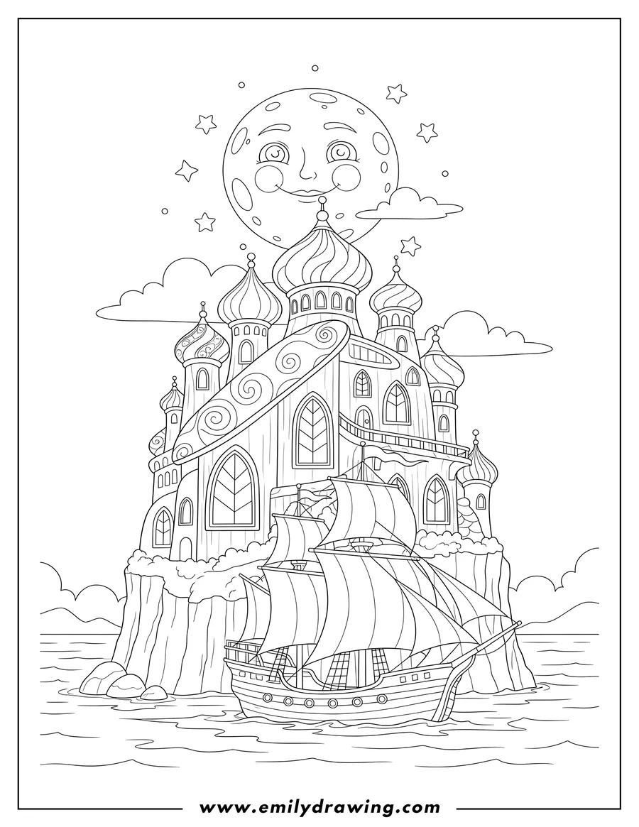 Outline drawing of fantasy domed palace by the sea with a sailing ship, under a large moon